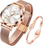 OLEVS Women's Rose Gold Watches Heart Diamond Japanese Quartz Movement Girls Ladies Wristwatch Big Face Waterproof Mesh Belt Watch and Bracelet Set Valentines Day Gifts